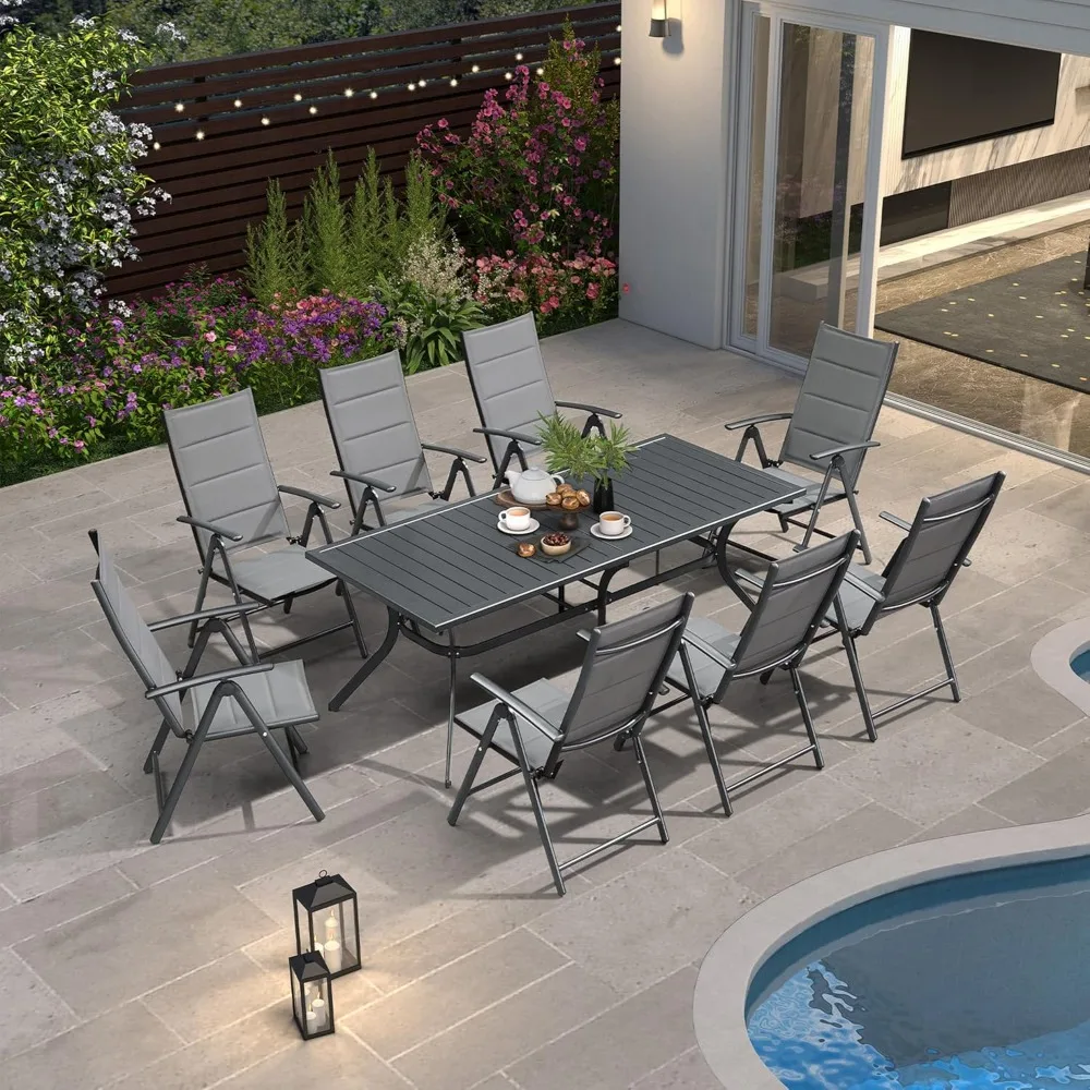 

9 Pieces Outdoor Patio Dining Set with 8 Folding Portable Chairs and 1 Rectangle Aluminum Table