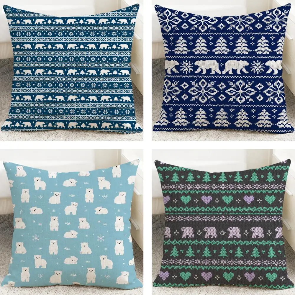 Christmas Polar Bear Knit  Cushion Cover Cushion Covers Natural Linen Breathable Sofa Bedroom Decor Pillowcase