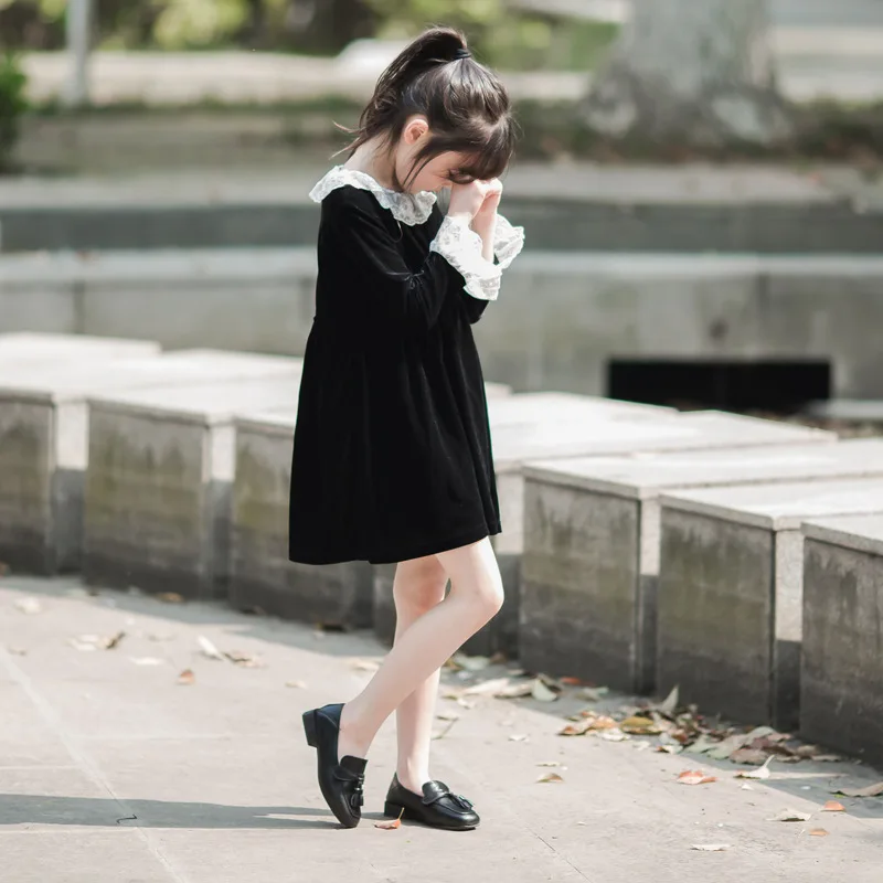 الخريف الشتاء فتاة المدرسة رشاقته فستان بكم طويل الأطفال فتاة تفريغ الدانتيل فستان حلو صغار فتاة الرجعية فستان كاجوال