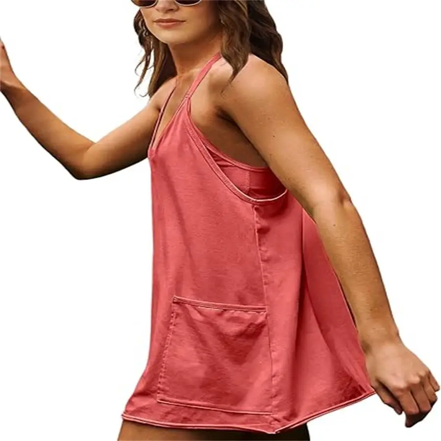 Women's Summer Sleeveless Mini Dress V Neck Spaghetti Straps Athletic Built-in Shorts Sundress