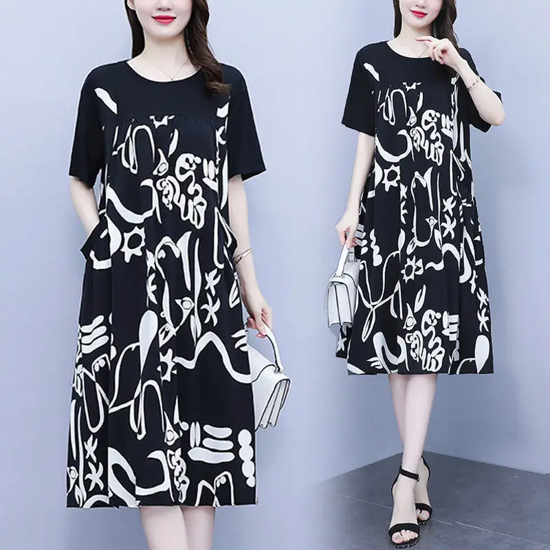 High End Oversized Fashionable Printed Patchwork Dress for Women's Summer New Casual Loose Belly Covering Slimming Long Skirt