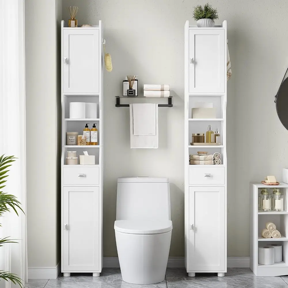 Szafka łazienkowa, wysoka szafka łazienkowa, wolnostojąca szafka podłogowa z 2 drzwiami i 1 szufladą, organizer na toaletę z A