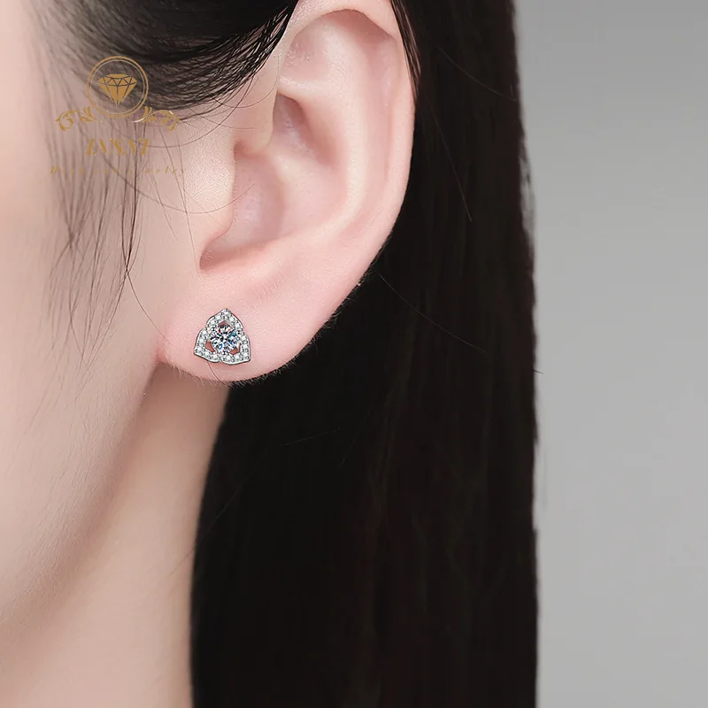Triangular Flowers Inlaid Moissanite Diamonds Silver Earrings Hypoallergenic Cute Floral Jewelry Affordable Light Luxury Gifts