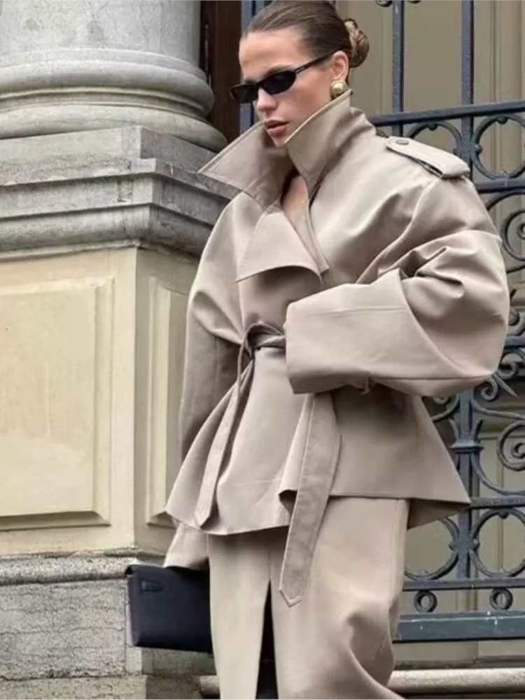 HipSeam-Chaqueta corta con cinturón para mujer, solapa grande, mangas largas y hombros caídos, cortavientos de doble botonadura, prendas de vestir exteriores para mujer