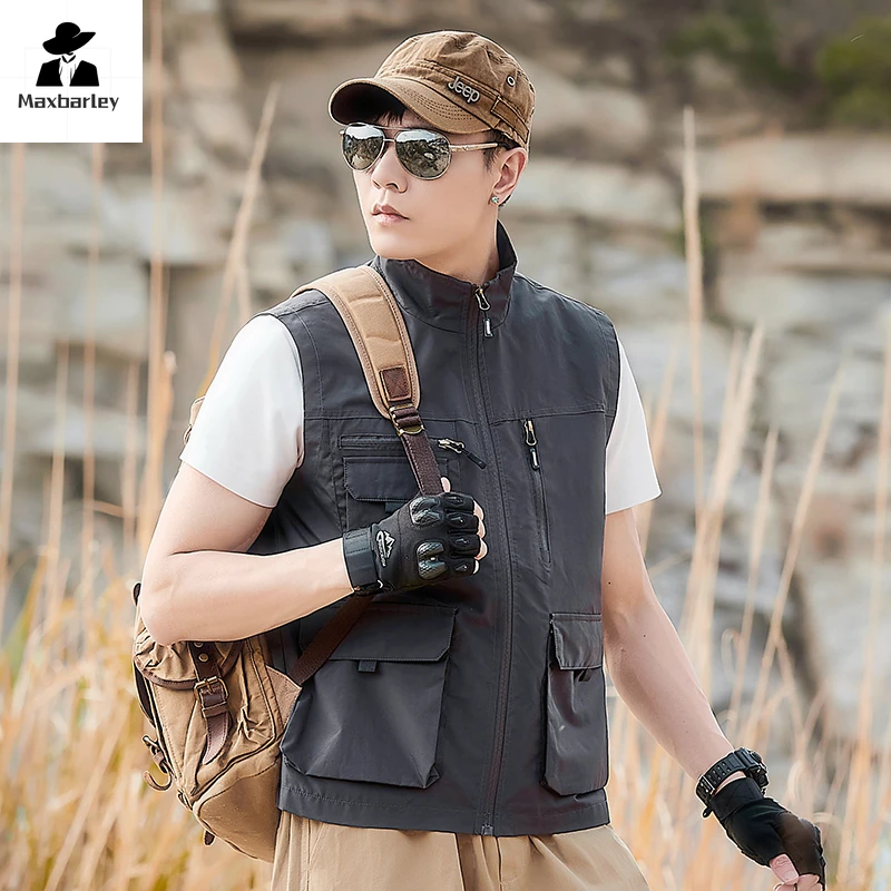 Ärmellose Weste mit mehreren Taschen Herren Outdoor Camping Angeln Reiß verschluss Mesh Jacke Herren Casual Fotograf Arbeits weste plus Größe 5xl