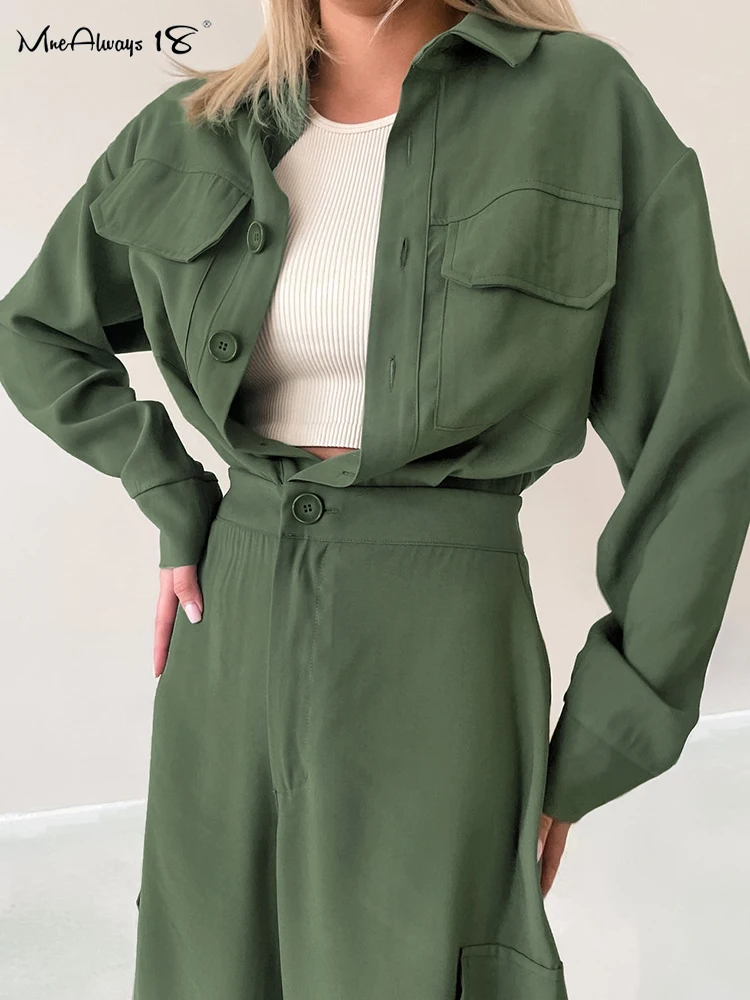 Mnealways18 Elegant Khaki Casual Rompers Long Sleeves With Wide Legs Pants One-Piece Ladies Office Ladies Pockets Jumpsuits 2024