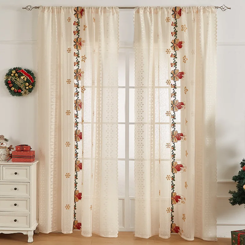 Christmas Embroidered Sheer Curtain with Bell & Santa Pattern for Living Room Window Xmas Home Decor Panel Drape 140x200cm