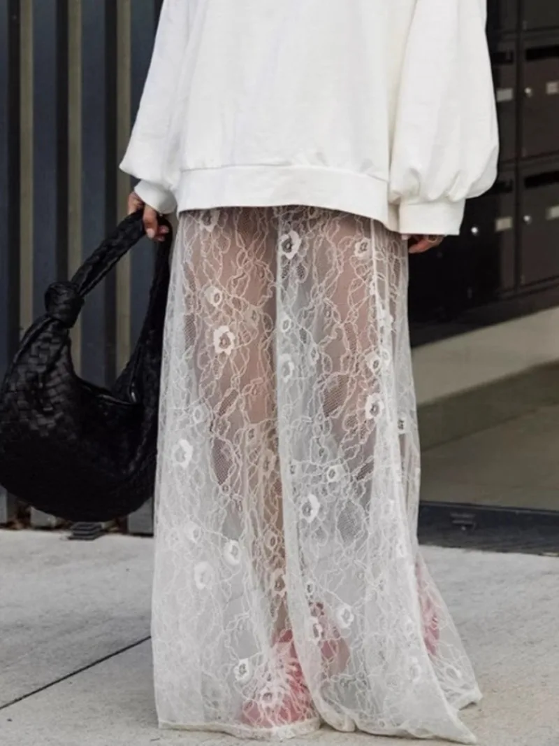 

Сексуальные кружевные юбки с высокой талией для женщин, лето 2021, элегантная прозрачная белая длинная юбка, женские вечерние платья, уличная одежда для отпуска