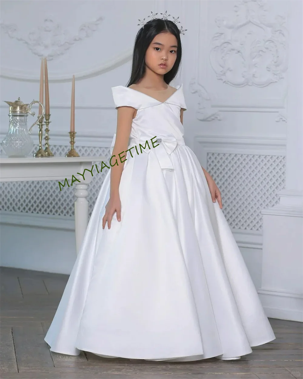 

Simple Satin Flower Girl Dess For Wedding Floor Length Short Sleeeve With Bow Elegant Kids Birthday Party First Communion Gowns