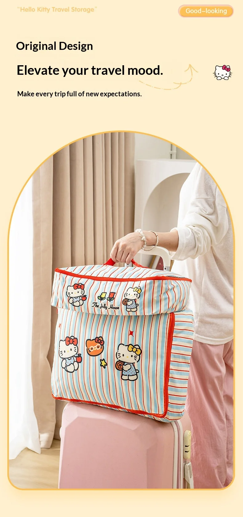 Hello Kitty Gestreifte Reise-Aufbewahrungstaschen Wasserdichte Koffer-Organizer-Tasche für Kleidung, Unterwäsche, Schuhe, Organisation, Geschenk – Detail 8