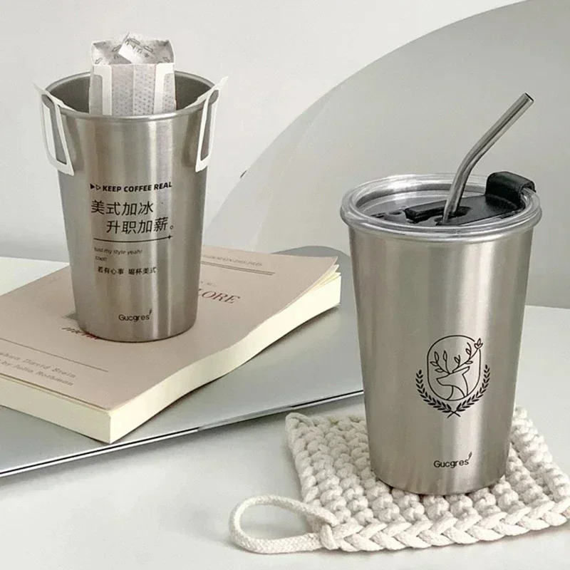 Stainless Steel Coffee Mug with Straw Lid Portable Coffee Cup Drinking Beer Milk Water Cup Restaurant Bar Party 500ml