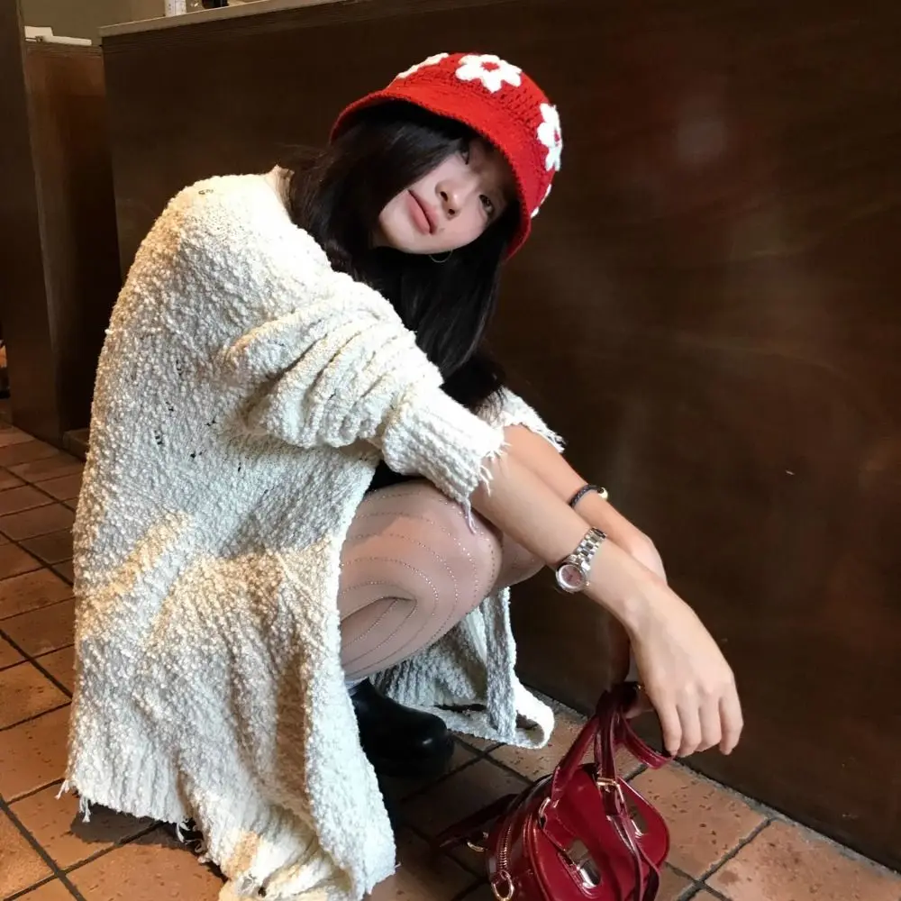 Bonito artesanal crochê flor chapéu de malha doce bonito gorros chapéu estilo coreano feminino pescador chapéu acessórios de vestuário