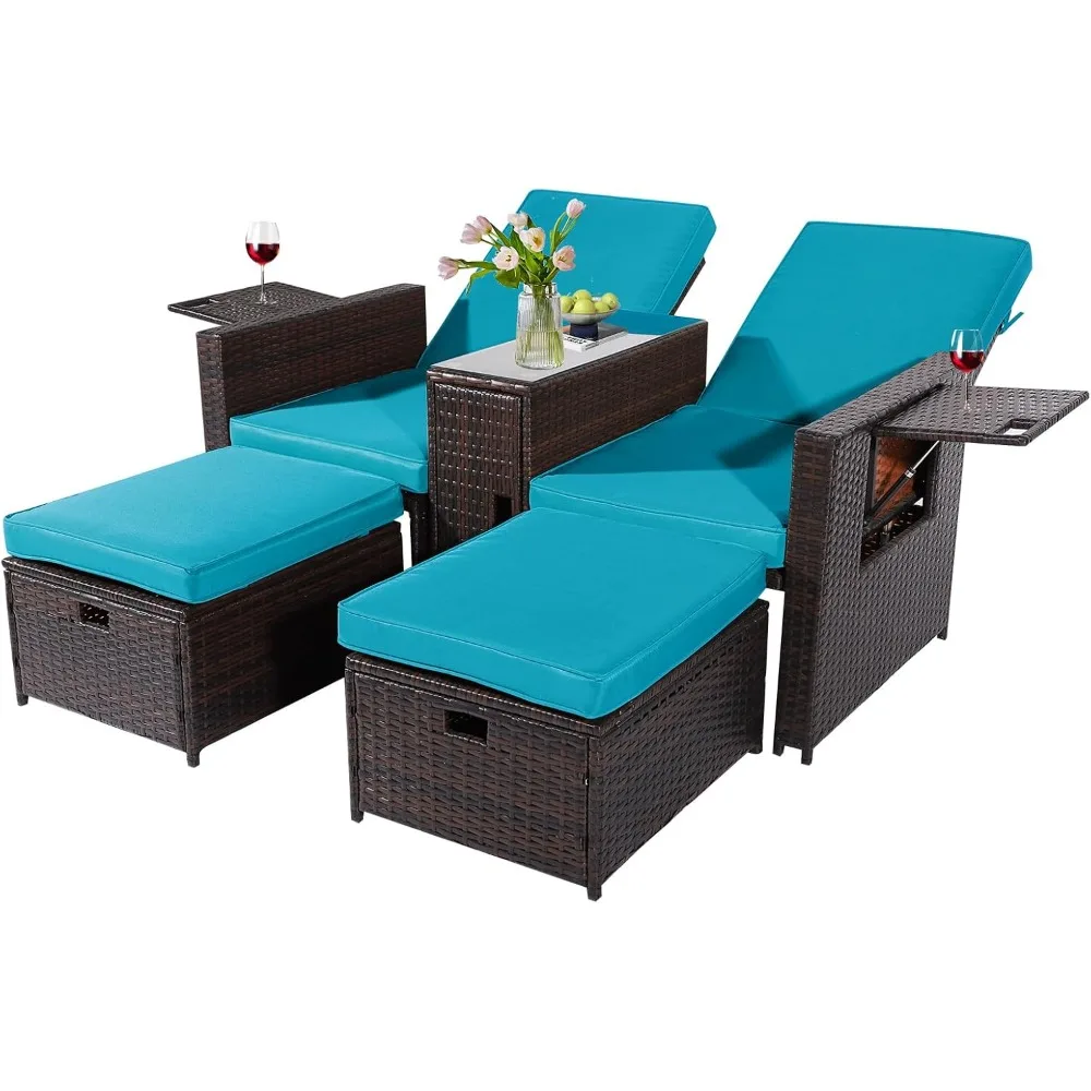 Outdoor Wicker Chaise Lounge - Rattan Adjustable Chaise Lounge with Turkish Footstool and Coffee Table