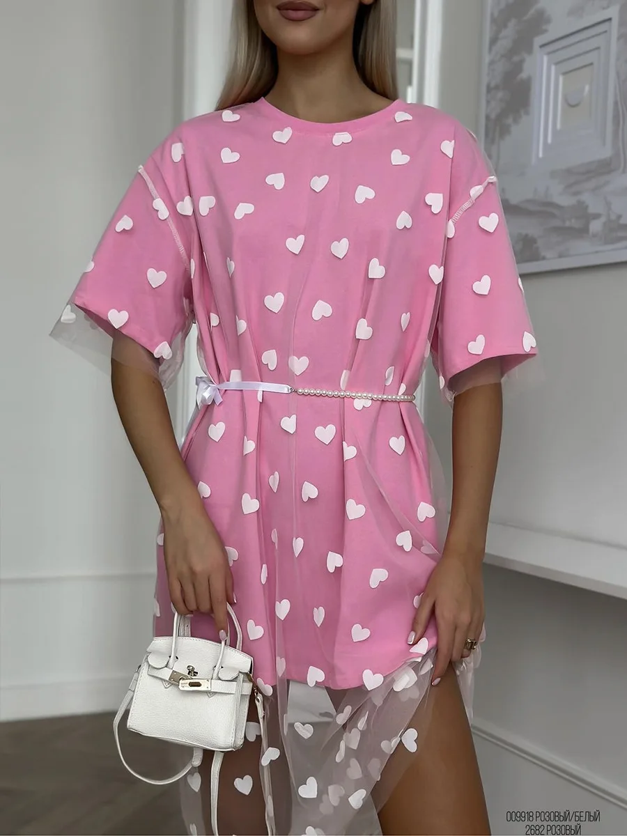 2025 New Sexy Women's Heart-shaped Print Mesh Splicing Loose Short Sleeve T-shirt Dress Cotton O-neck Fashion Chic Summer Dress