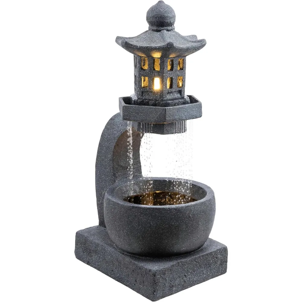 Outdoor Floor Tranquil Zen Pagoda Water Fountain w/LED Lights & Illuminated Stone Bowl 31