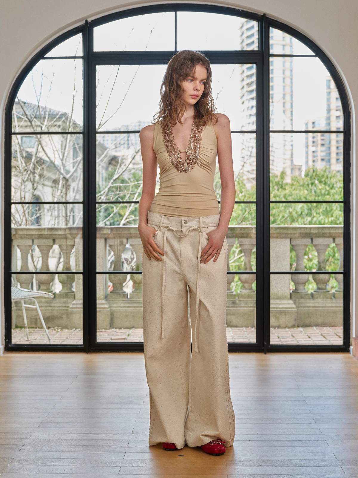 

High Quali Color Dot Cotton Patchwork Lace Wide Leg Casual Pants Dstring Bouffant Waist Summer 2025 Ladies Faion