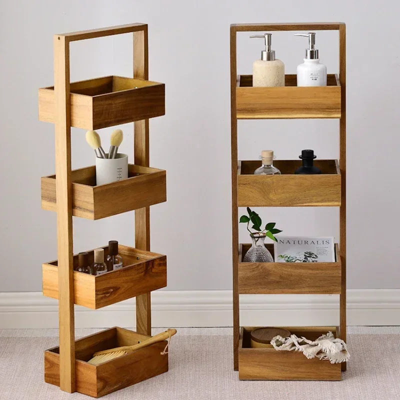 

Acacia Wood 4 Tier Towel Rack Shelf Wooden Multi-storey Kitchen Bathroom Storage Shelf Snacks Fruit Vegetable Storage Basket