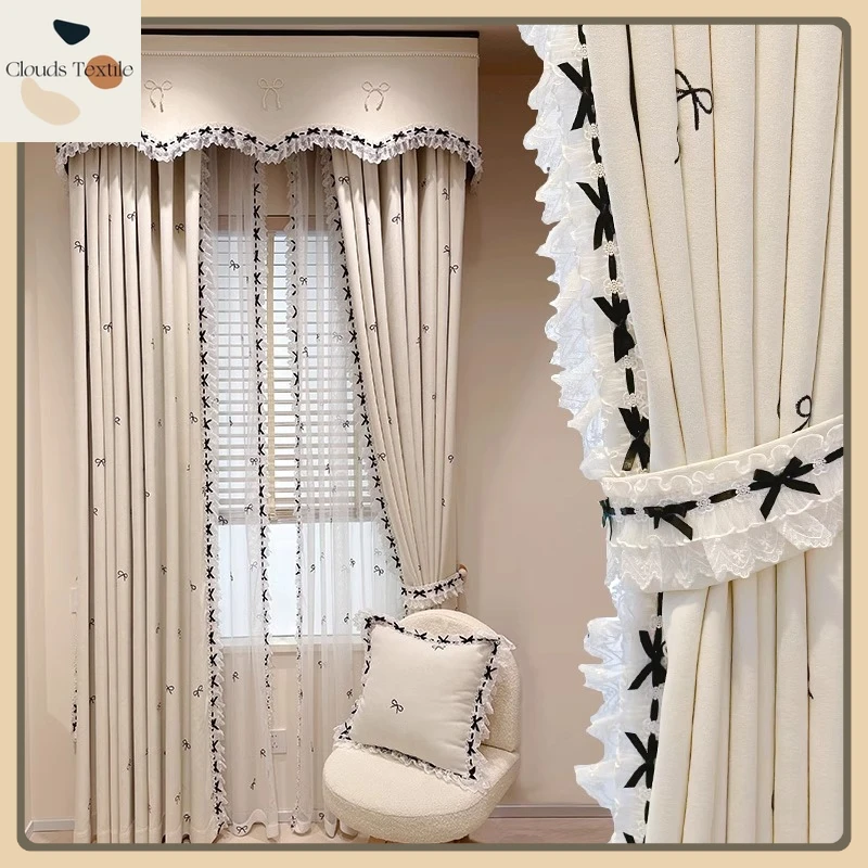 

Customiz French Bow Lace Children's Room White 90% Blackout Curtains for Bedroom Luxury Curtains for Living Dining Room Bedroom