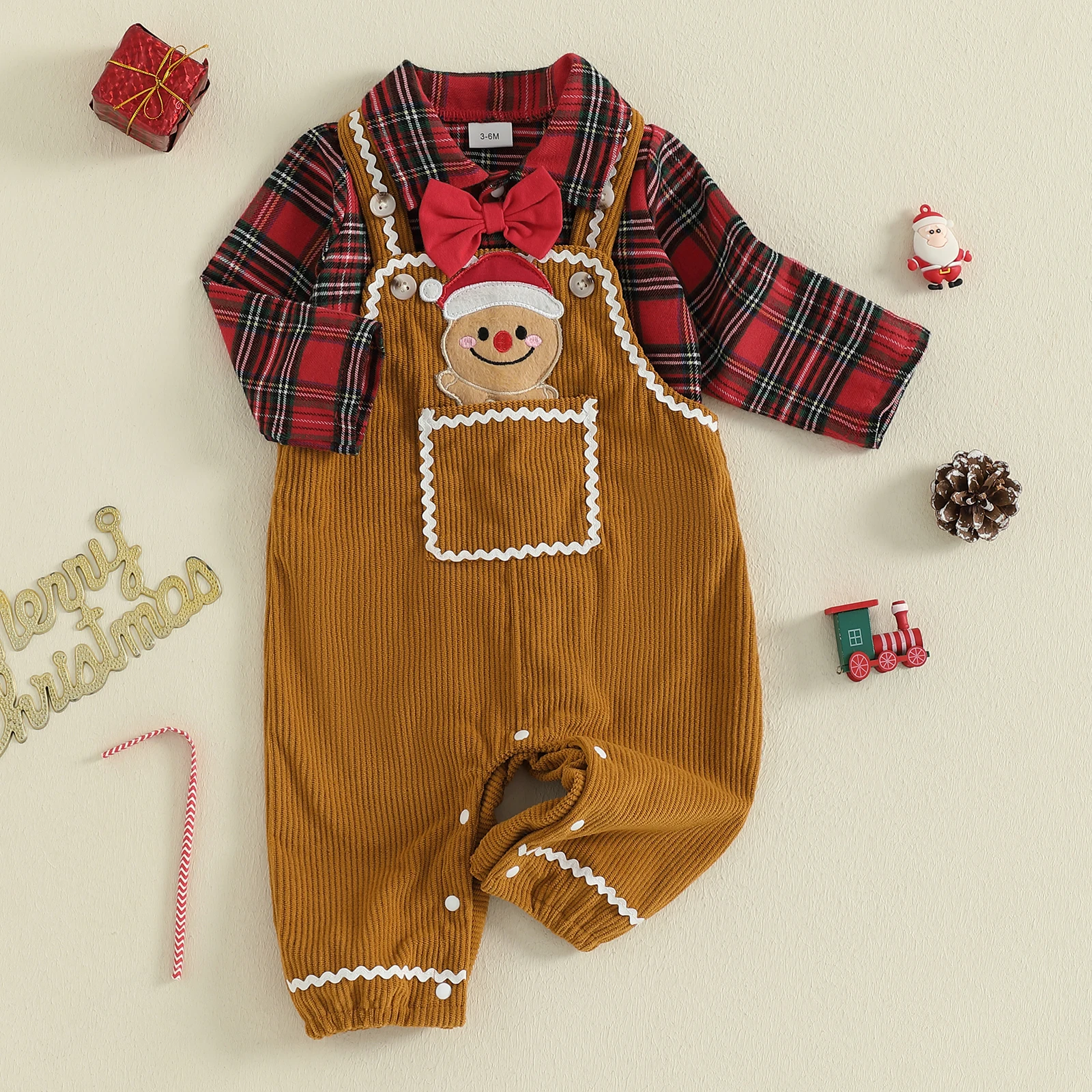 Baby Boy Christmas Clothes Plaid Print Long Sleeve Lapel Romper Gingerbread Man Embroidery Overall Pants 2Pcs Outfit
