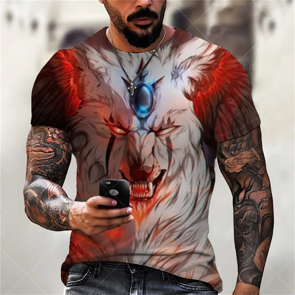 Kurzarm-T-Shirt für Herren, Oberteil mit 3D-Lobo-Aufdruck, lässig, locker sitzend, Sommer, 2023