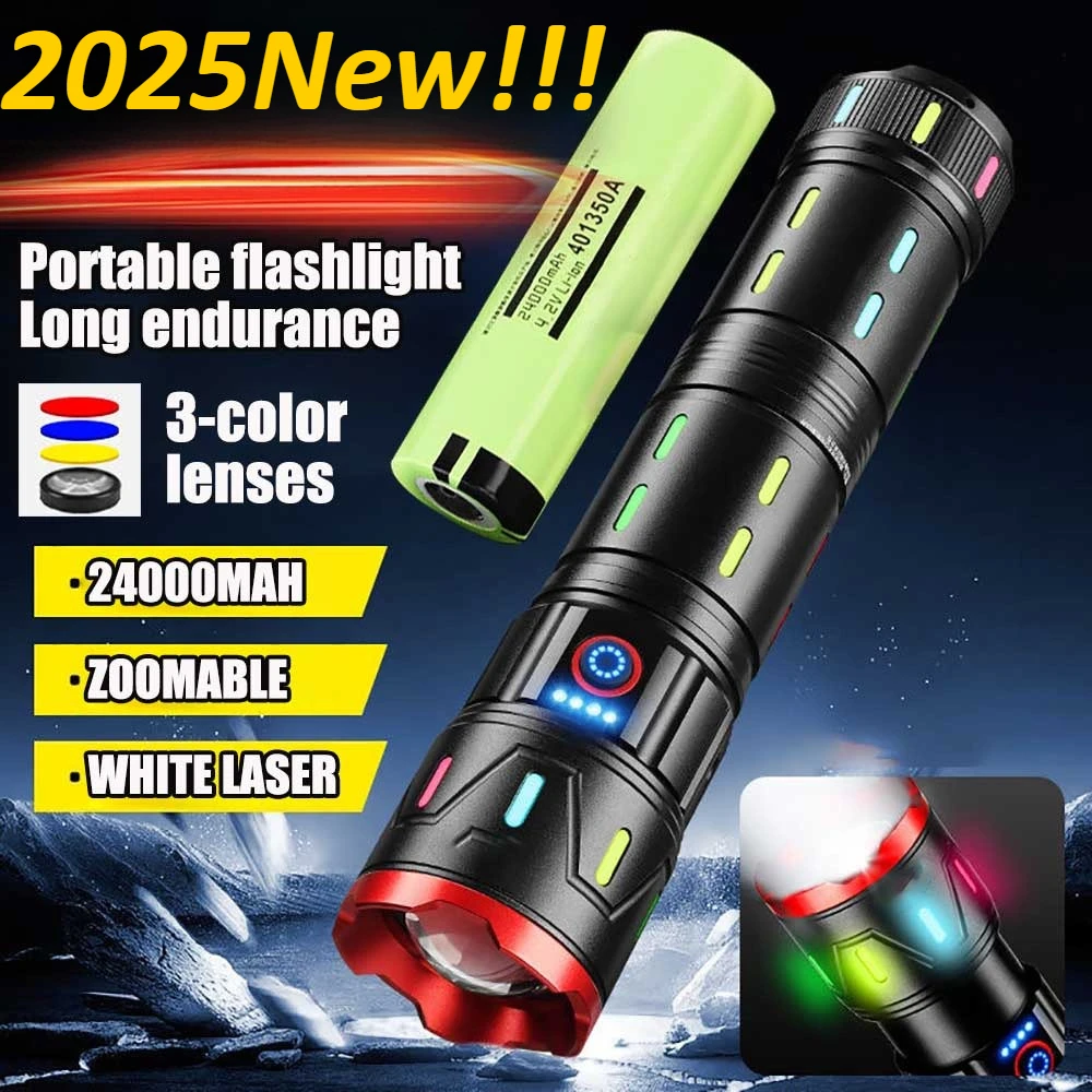 New 24000mAh Tactical Flashlight with Fluorescent Absorbing Film 3Colors Brightest Type-C Rechargeable Zoom Function for Camping