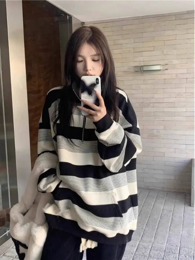 Women Sweater 2025 Autumn Women's Preppy Striped Sweatshirt Collared Half Zip Loose Plus Size Petite Friendly Student Jacket