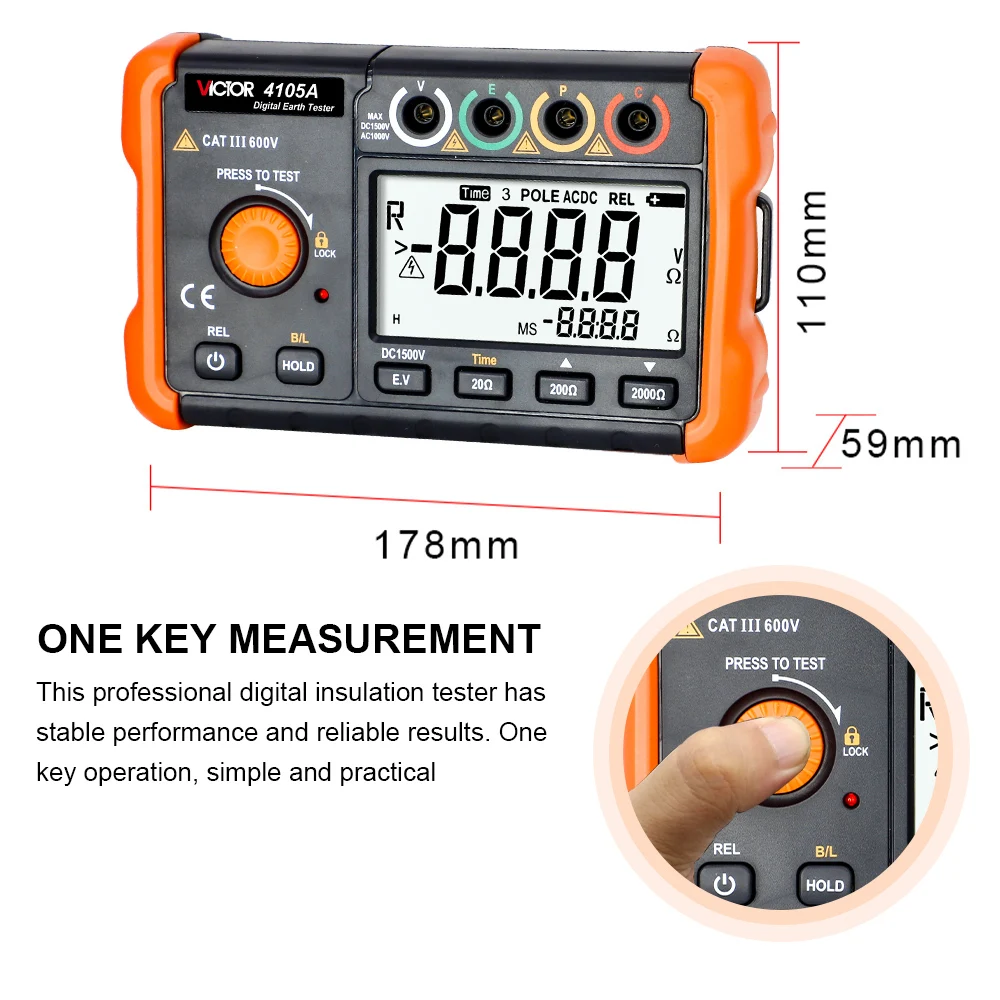 Victor 4105A Earth Ground Resistance Tester 2000Ω Digital Megohmmeter Voltage Meter 200V Backlight Multimeter Diagnostic Tool