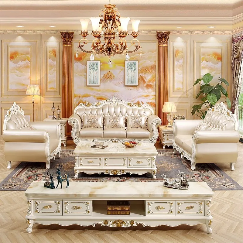 European Leather Combination Leather Art Sofa Ivory White U-shaped Living Room Solid Wood Carving Flower Sofa Luxury French 123