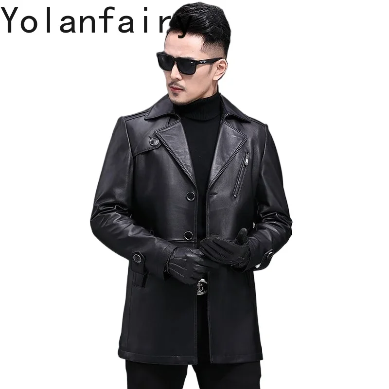 YOLANFAIRY Sheepskin Mens Jacket Genuine Leather Jackets for Men Suit Collar Trench Business Sizes M-5XL Saco Hombre Casual