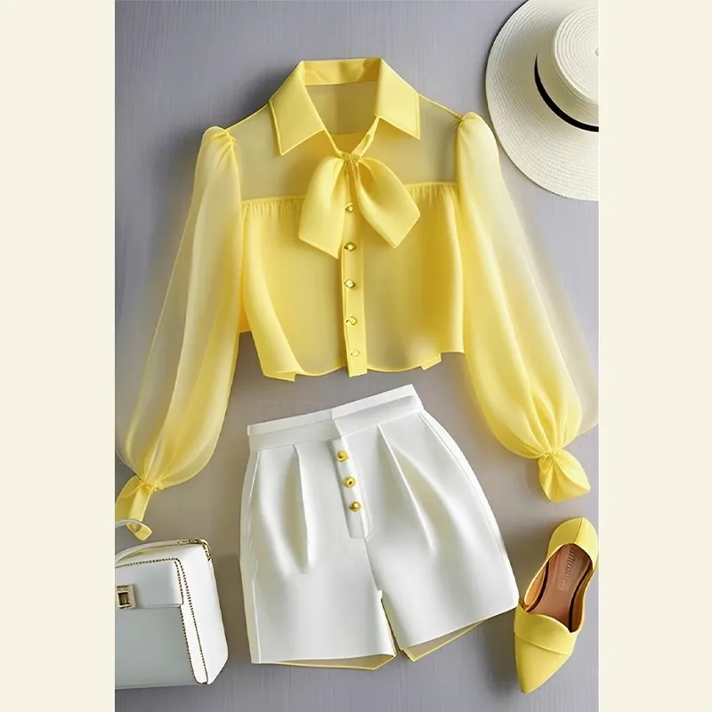 Chiffon Yellow Lapel Neck Perspective Top OL Shirt White Casual Pants Sets 2 Piece Womens Outfits Spring Summer Suit Blouse 3063