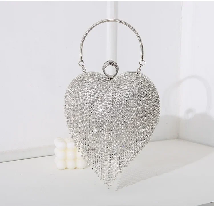 Damen-Handtasche mit silbernem Strass-Herzmuster, Diamant-Quaste, Bankett-Clutch, Hochzeits-Braut-Abendtasche – Detail 11