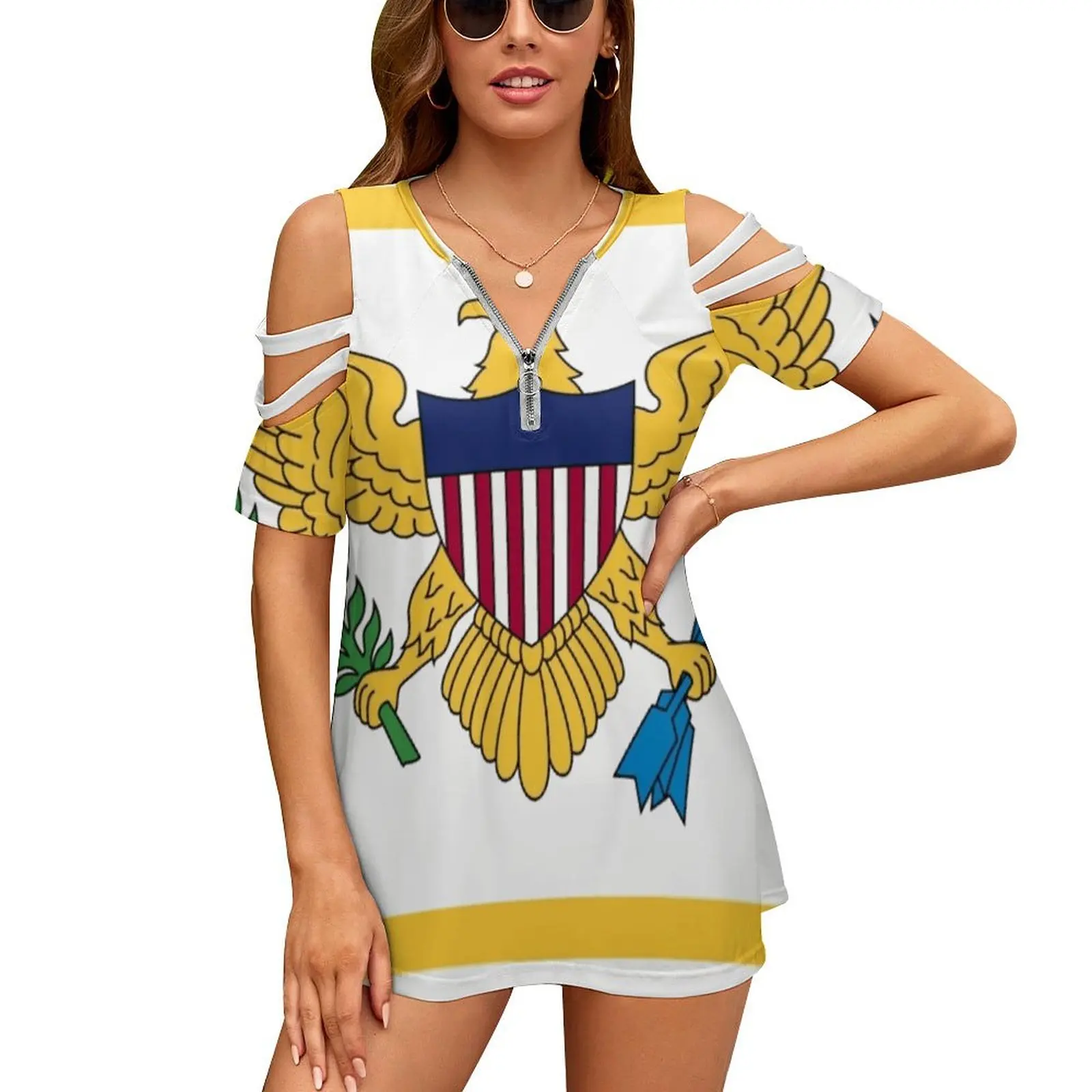 United States Virgin Islands Flag Print O-Neck Off-The-Shoulder Top Short-Sleeved T-Shirt Ladies Streetwear Flag Banner