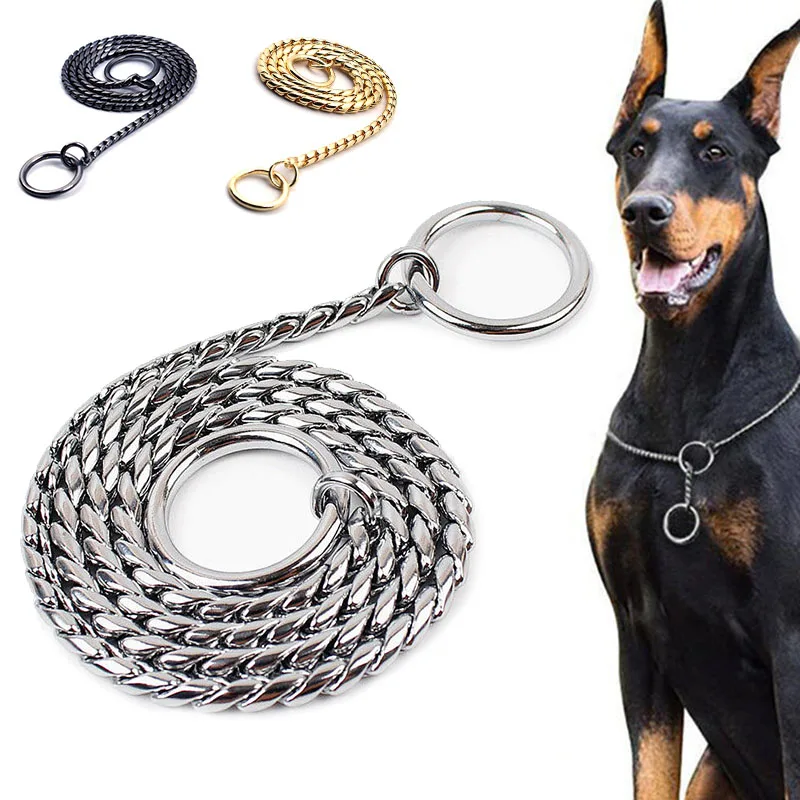 Gold Dog Chain Collar P Snake Chain Stainless Steel Metal Slip Walking Training  Chew Proof Pet Chains Collars