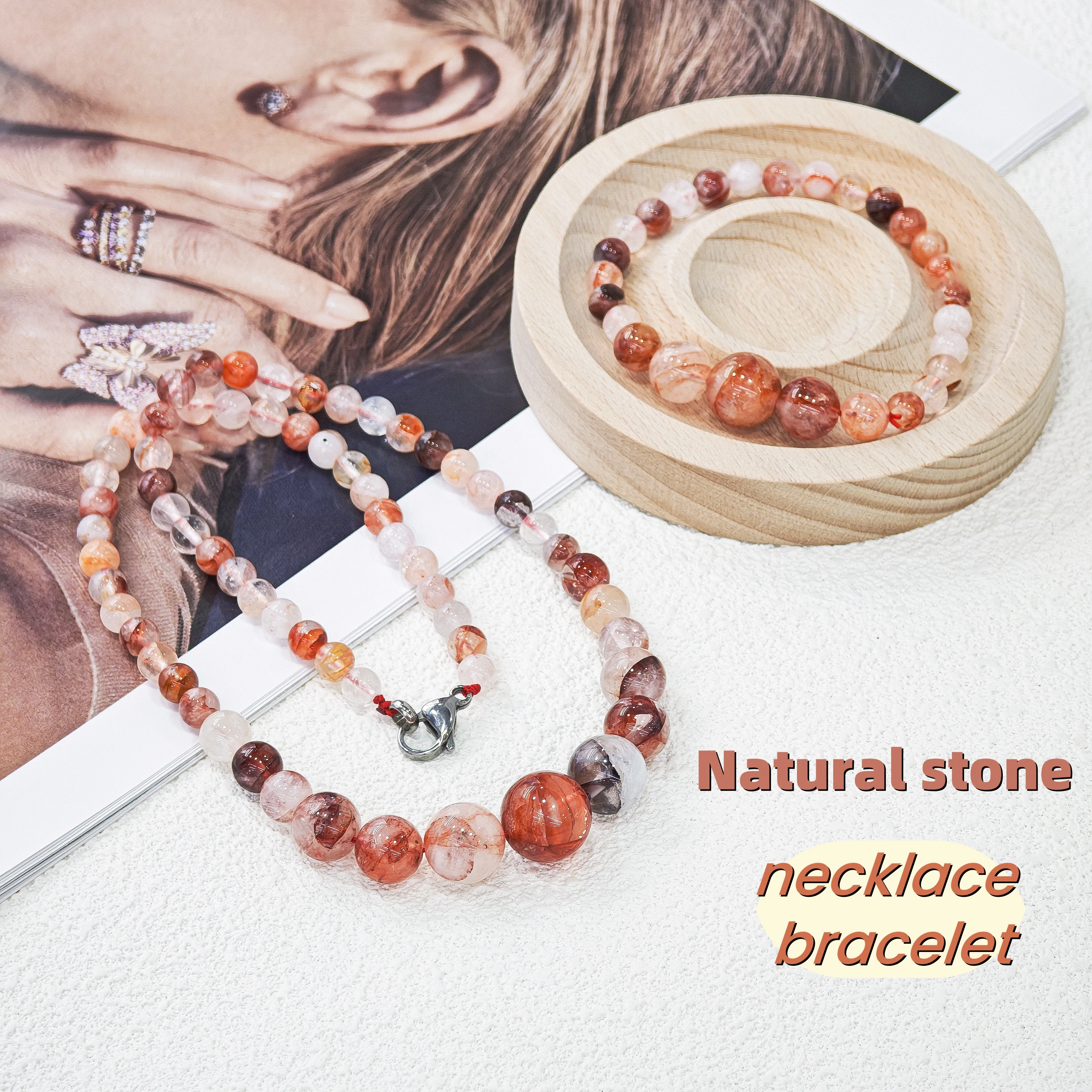 Lecter Store Unique Handmade Red Natural Stone Necklace Bracelet Pendant, Round Women's Jewelry Gift Set Accessories