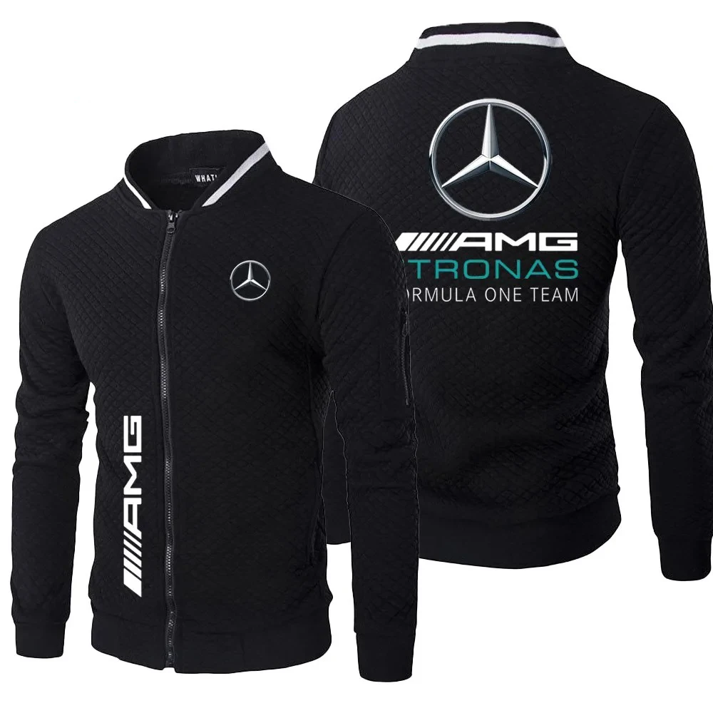 

Mercedes Benz printed Mercedes AMG racing jacket, loose long sleeved men's checkered stand up collar jacket, work team uniform