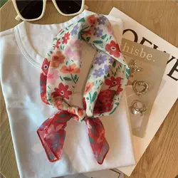 Korean Floral Printed Head Scarfs Women Bandanna Floral Pattern Summer Scarf Cotton Square Neck Scarf Shawl Headband Neckerchief