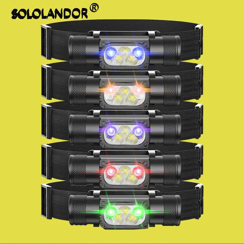 SOLOLANDOR Mini Headlamp LED Type C USB 18650 Headlight Red Green 395nm UV Blue Yellow Head Lamp White Flash Light Torch