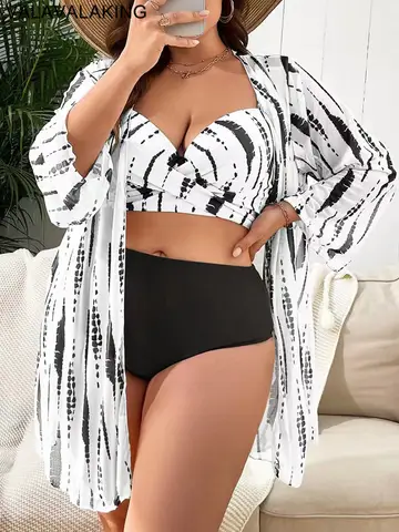 2025 Print 3 Piece Mesh Cove Up Plus Size Bikini Set Women Lady High Waist Big Swimsuit Curvy Brazilian Chubby Bathing Suit