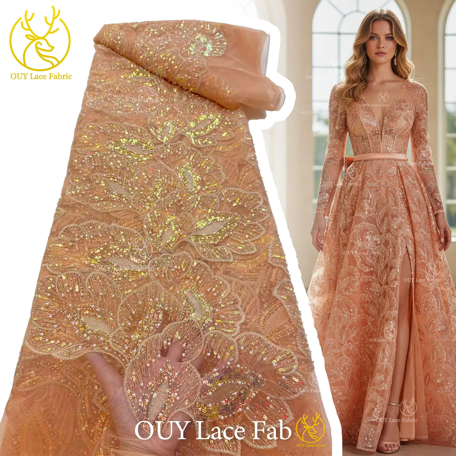 

Elegant African Sequin Beaded Lace Fabric 5 Yards of High-Quality French Tulle Lace Fabric Nigerian Bridal Wedding Party Sewing