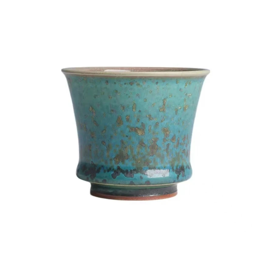 Jun Kiln Jun Porcelain Feathered Cloak Intensive Green Color Blue Carbon-fired Raw Material Hand-pressed Teacup by Wang Dong Xu
