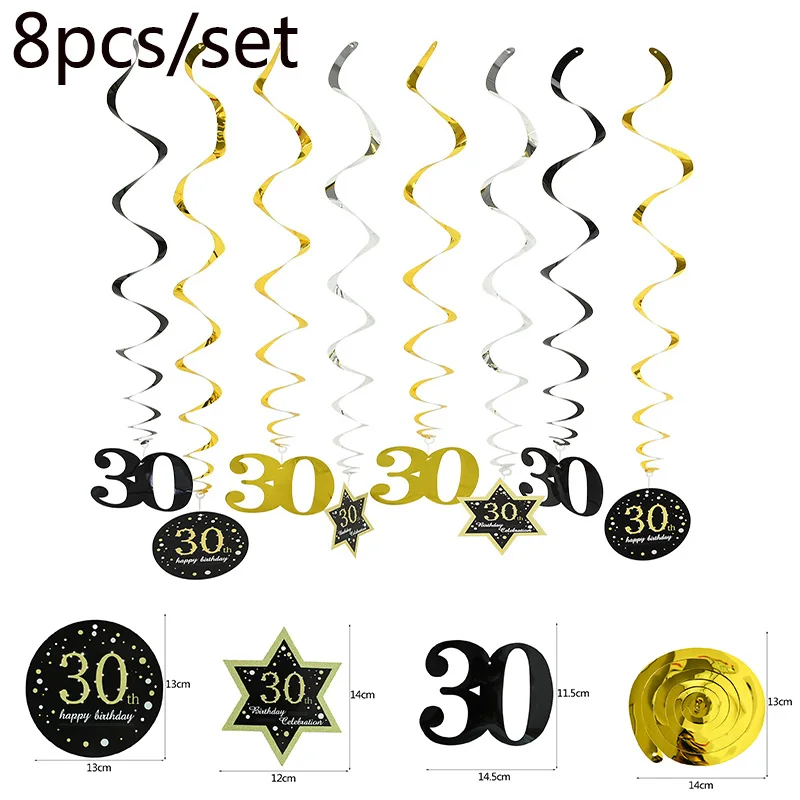 8pcs Ceiling Hanging Decor 18 21 30 40 50 60 Black Gold Spiral Garland PVC Swirl Banner Happy Birthday Party Decoration Supplies