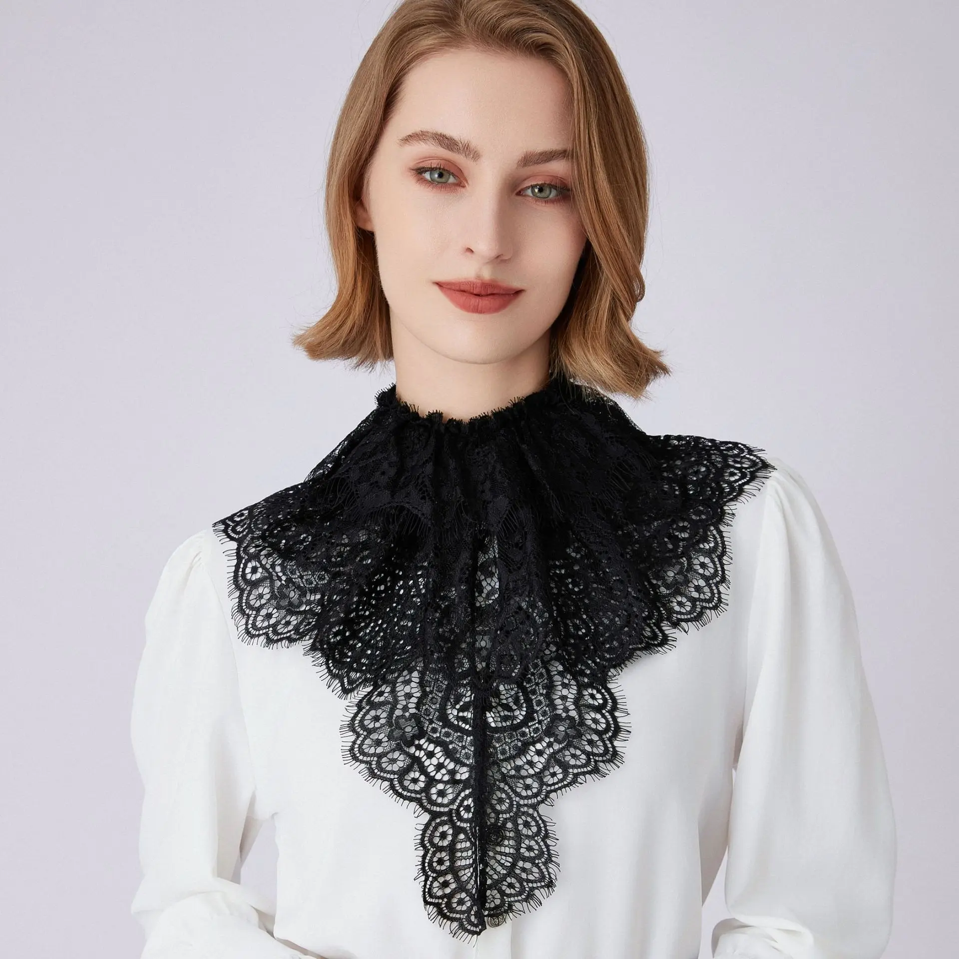 Vintage Hollow Floral Lace Jabot Collar Detachable Stand Neck Collar Ruffle Lace Neck Wrap for Women Blouse Dress Cosplay Decor