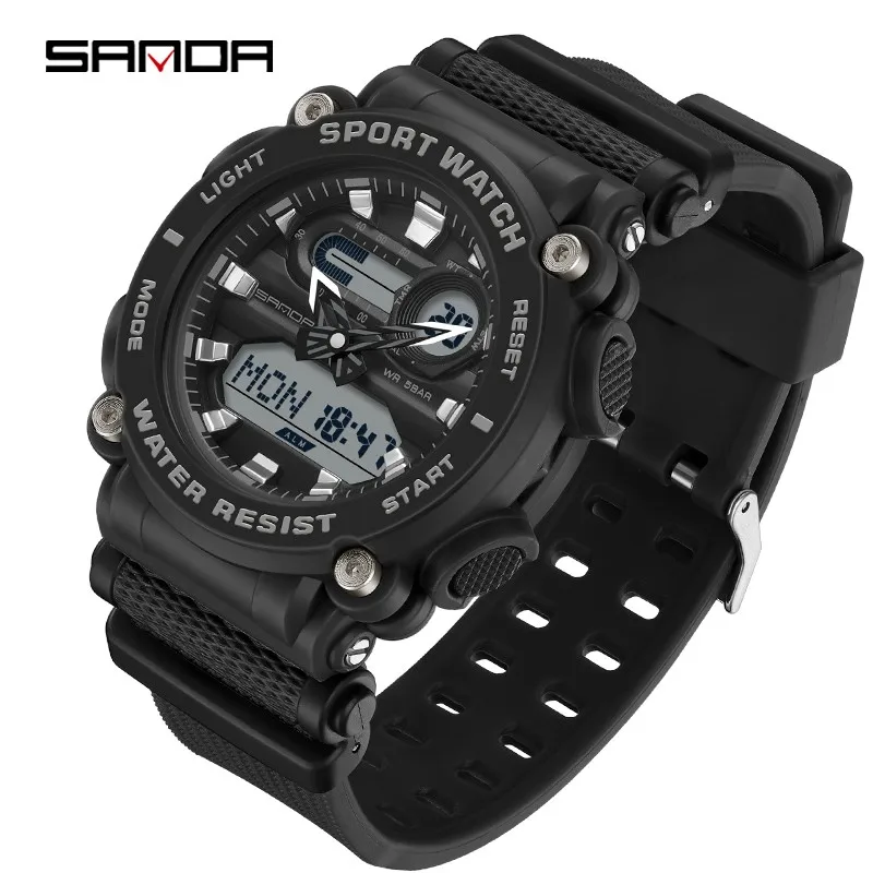 Fashion Sanda Top Brand Men\'s Outdoor Sports Watches Dual Display Quartz Electronic 50m Waterproof Led Digital Reloj De Hombre