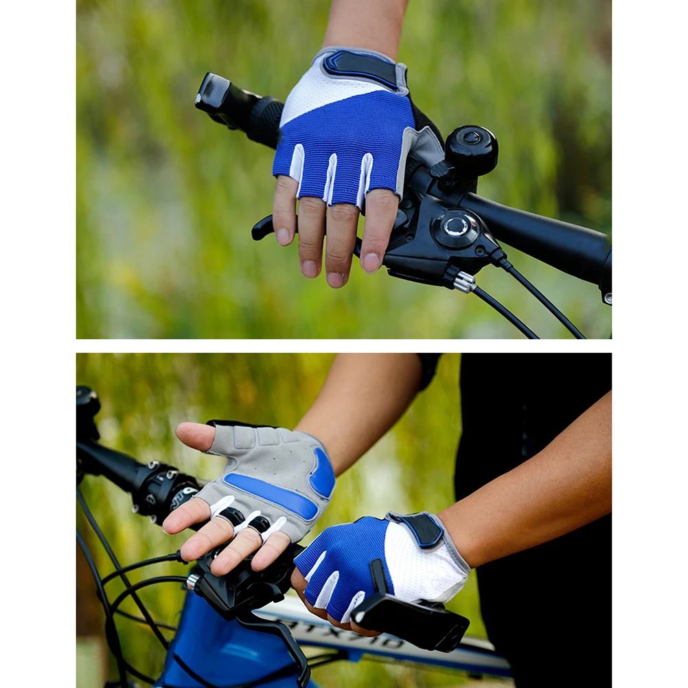 1Pair Unisex Biking Gloves Breathable Anti Sweat Anti Slip Half Finger Cycling Blue L Half Finger Short Gloves