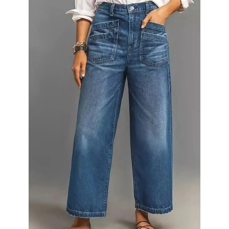 Vintage Inspired mid Rise Wide Leg Jeans Stretch Slant Sexy Style Women's Denim Pants Summer Collection Fashionable Trend