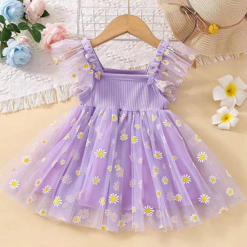 MERI AMMI For 1-10 year Daisy Flower Girls Birthday Dress Kid Children Clothing Petal Sleeves Party Christmas Knee Length Mesh