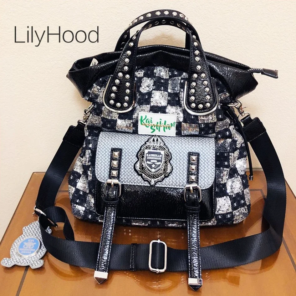 Female 90s Grunge Fashion Shiny Paillette Denim Checker Plaid Big Size Handbag Women Trend Rivet Badge Short Handle Shoulder Bag