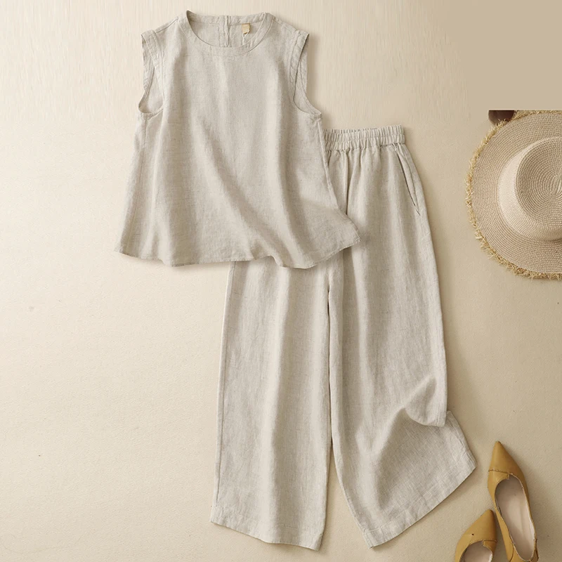 

plus Size Women's Fashion Cotton Linen Set Top Nine Points Pants Two Pieces Summer New Arrival Mom's Clothing Comfortable Fit