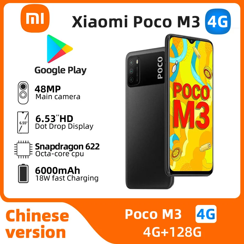 Xiaomi-Smartphone Redmi POCO M3, processeur 4G, Qualcomm Snapdragon 662, appareil photo 48MP, écran 6.53 pouces, capacité de la batterie 6000mAh, téléphone portable