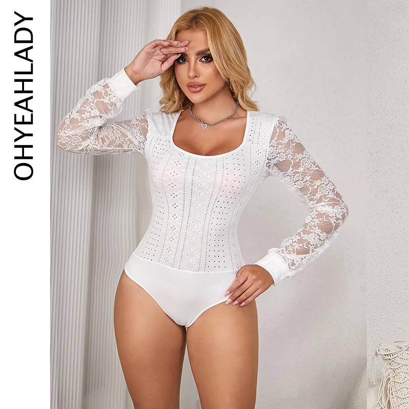 Ohyeahlady Women White Bodysuit Floral Lace Sheer Mesh Long Sleeve Jumpsuit Romper Plus Size Crotch Openable Sexy Teddy Lingerie